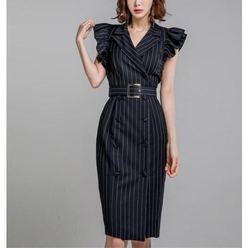 Women Professionl Sleeveless Fashion Mid Dress Double Breasted Strped Belt Women Dress Notched Summer Pencil Dress