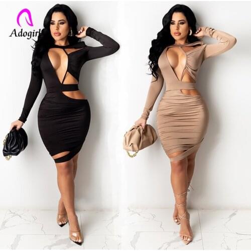 Nude Cut Out Women Mini Dress Solid Black 2021 Summer Long Sleeve Sheer Dress Workout Activewear Sexy Night Club Party Vestidos