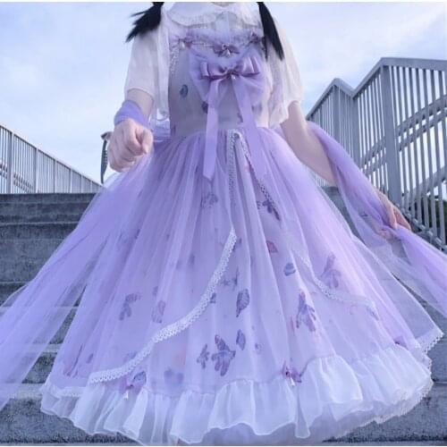 Sweet Womens Lolita JSK Dress Suspender Dress Sleeveless Net Yarn Big Hem Purple White One Piece Dress Original Design