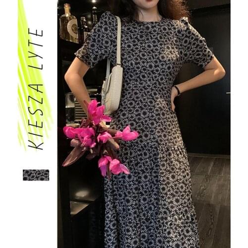 Floral Printed Daisy Dress Women Summer Bohemian Slim Waist Black Short Sleeve Dresses Female Holiday Beach Vestidos