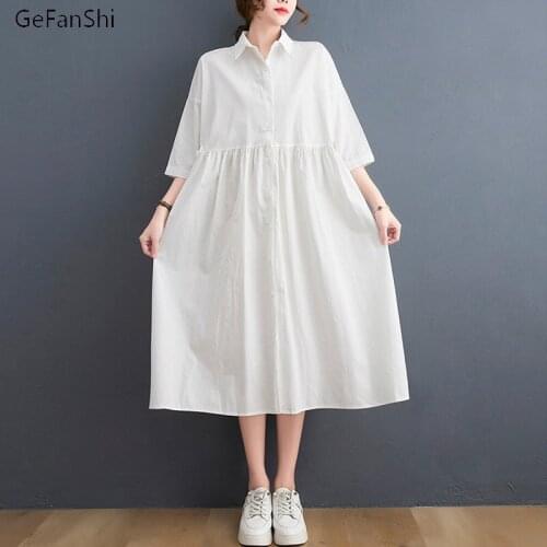 2021 Summer Womens Dress Simple Solid Turn-down Collar Dress Casual Loose Short Sleeve Elegant Ladies Dresses Black White