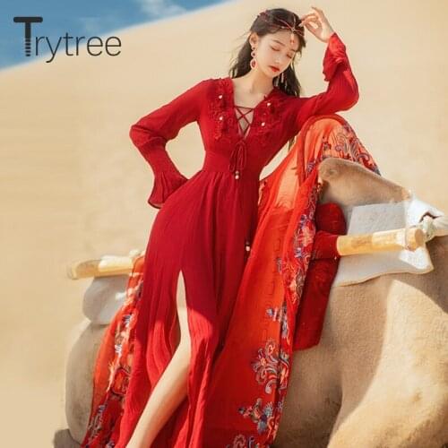 Trytree 2020 Spring Autumn Indie Folk Womens Dress Cotton and Linen Cross tie V-neck Elastic Waist Solid Red Sexy Elegant Dress