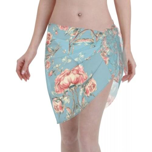 Women See-Through Beach Bikini Cover Up Wrap Scarf Swimwear Pareo Sarong Dress Vintage Roses Casual Beach Dress