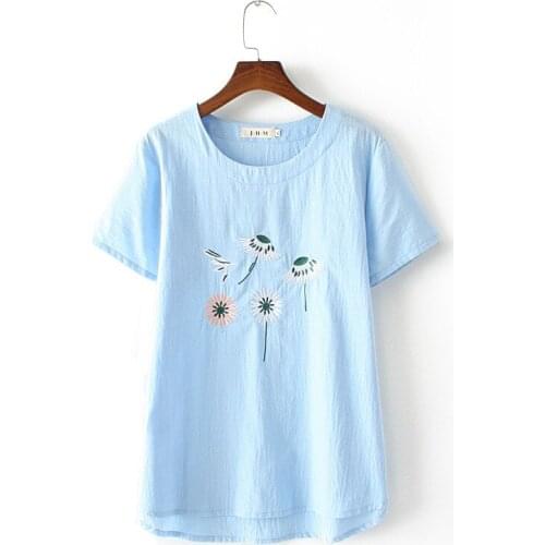 2019 Summer New Fashion Large Size Womens T-shirt Plus Increase Washed Cotton Embroidery Dandelion Short Sleeved Female T-shirt