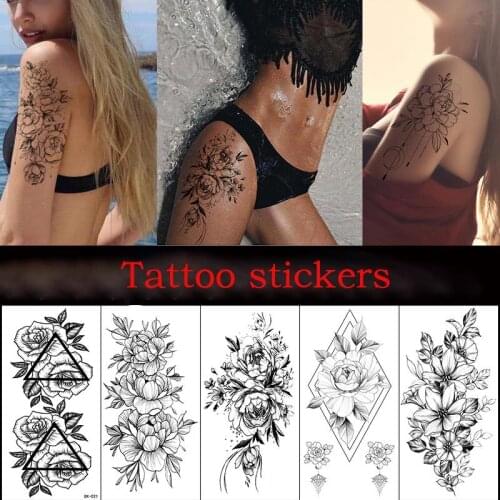 3D black sketch flower tattoo stickers ladies waterproof simulation temporary stickers couple fashion