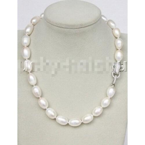 Free Shipping >>>>>natural huge 17" baroque rice 11-14mm white pearls necklace leopard clasp