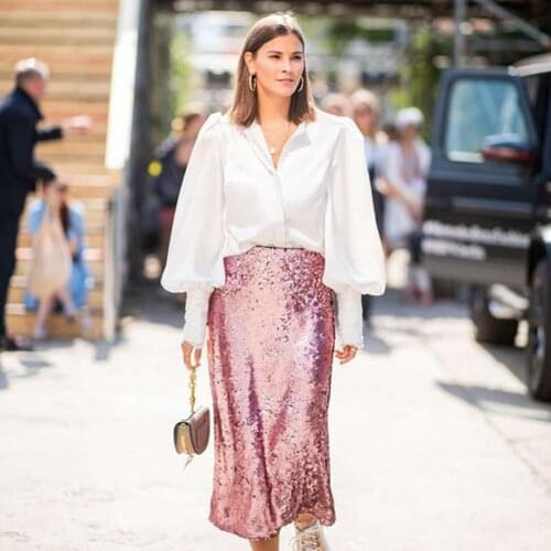 Glitter Skirts Women Custom Made Chic Pink Sequin Skirt Long jupe femme Midi Skirt with Lining faldas