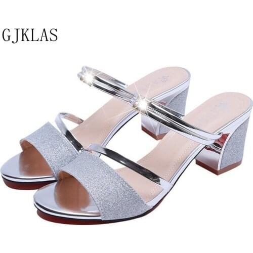 Bling Sandals Women Shoes High Heel Summer Shoes for Women Chunky Heels Silver Black Gold Heels Women Korean Fashion Sandals