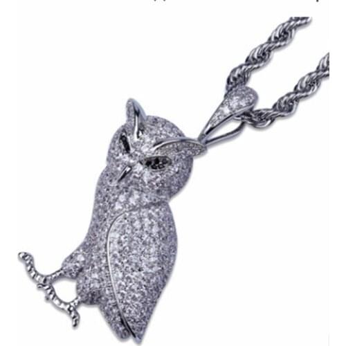 Owl Necklace Golden Ice Out Micro Pillow Cubic Zircon 24 Inch Rope Charm Chain for Men
