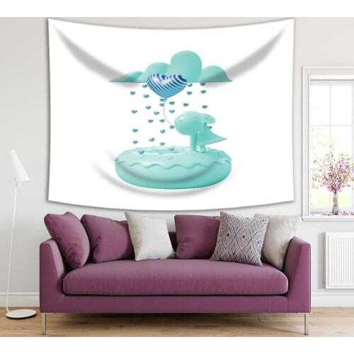 Tapestry Blue Clouds and Doughnut Kissing with Couple Holding Striped Balloon Falling Hearts Like Rain Love Theme Art