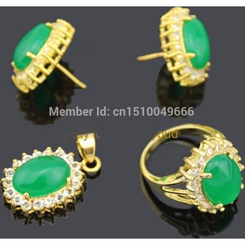 Hot sale FREE SHIP>>>>HOT SELL! NEW! Green Oval jade ring pendant earring earring Jewelry set