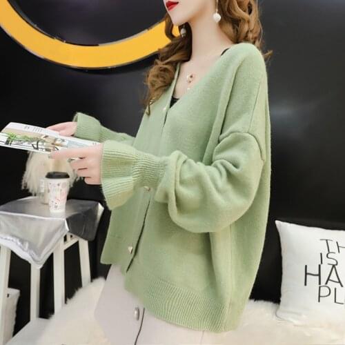 Korean V Neck Knit Cardigan Women Autumn Flare Long Sleeve Solid Single-Breasted Outwear Ladies Sweaters Cardigans Sueter Mujer
