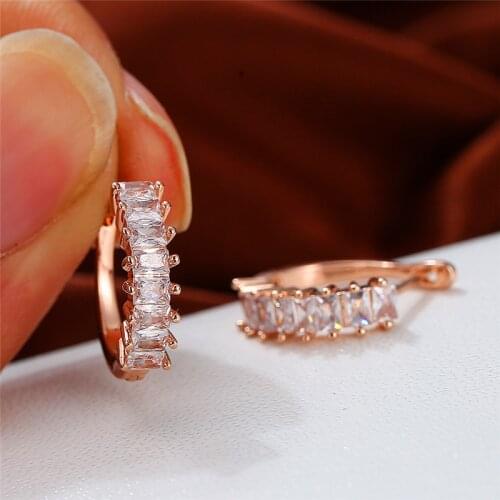 Classic Bridal Small Wedding Earrings Luxury Female White Crystal Stone Earrings Rose Gold Silver Color Hoop Earrings For Women