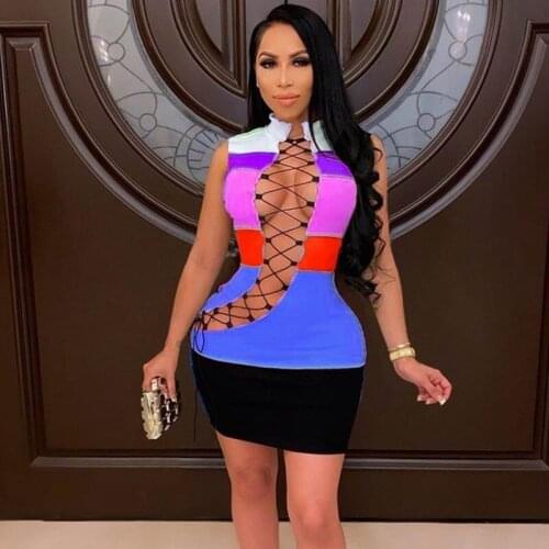 Club Color Patchwork Mini Dress Women Sexy Lace-up Bodycon Dress Summer Clothes for Women Hollow Out Sleeveless Pencil Dress