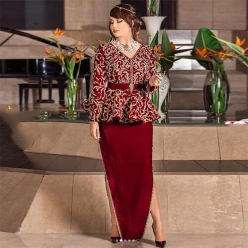 Pretty Wine Red 2 pieces Set Dubai Arabic Mermaid Prom Dress Applique Side Slit Mermaid Evening Dresses Special Occasion Gowns