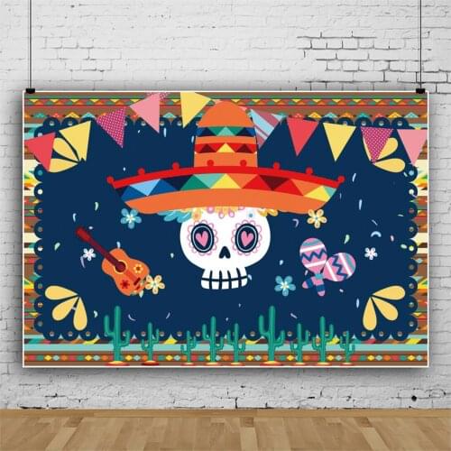 Laeacco Mexico Day of the Dead Decor Backdrop Banner Poster Cactus Hat Skull Carnival Party Photozone Photography background