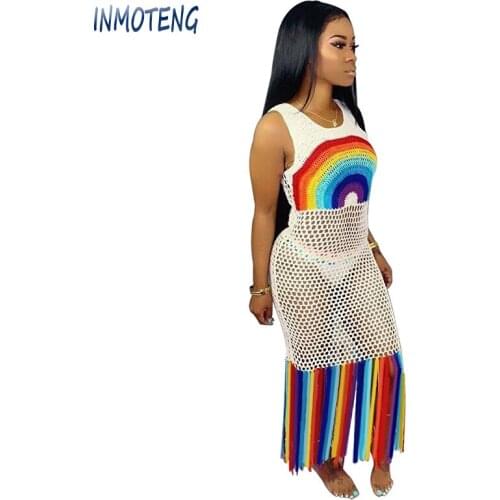 INMOTENG Summer Beach Holiday Women Dress Fashion Hollow Out Weave Patchwork Rainbow Tassel Plus Size S-3XL Dresses