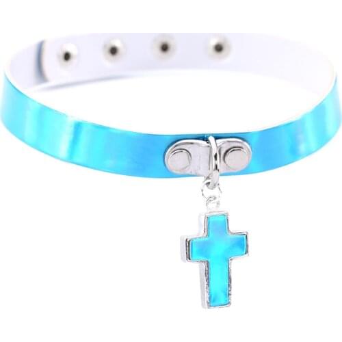 Trendy Boho Punk Shine Laser PU Leather Torques Collar Colier Cute Cross Pendant Choker Necklace Women Femme Gift Jewelry
