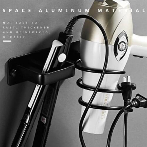 Wall Mounted Bathroom Black Hair Dryer Holder Space Aluminum Hair Straightener Holder Storage Bathroom Shelf Accessories