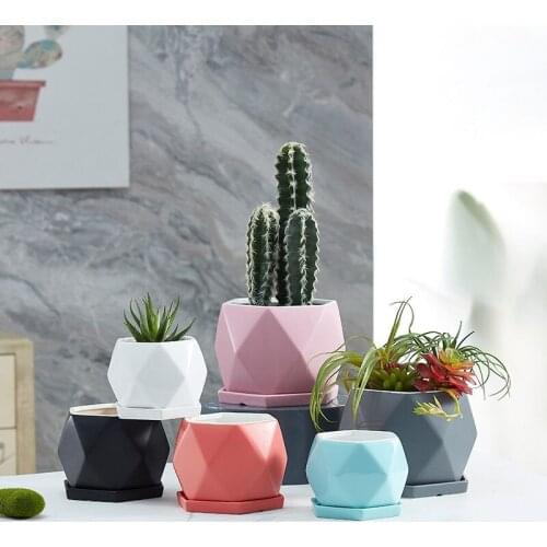 Nordic INS Modern Minimalist Home Desktop Ceramic Potted Plant Polygonal Color Glaze With Tray Flower Pot Container