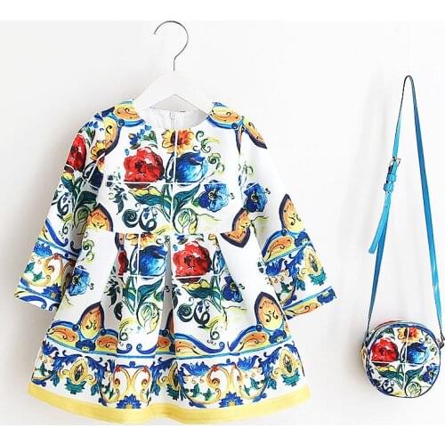 Long Sleeve Dress Girl Christmas Dress 2021 Autumn Winter Floral Print Toddler Girl Dresses Kids Clothes Children Dress with Bag