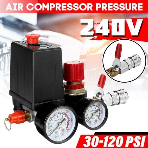 Manifold Regulator 240V Air Compressor Pump Pressure Control Switch Valve with Quick Connector 90-120 PSI Valve with Gauge