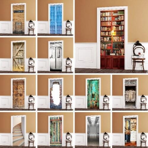Wooden Door Bookshelf Stairs Self Adhesive 3d Door Stickers Waterproof Wallpaper Print Picture Art Renovation Living Room Decor