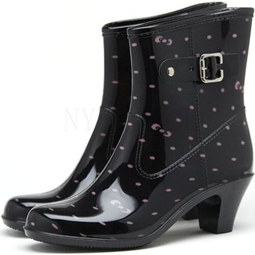 Women Fashion PVC Mid-calf Rain Boots Buckle High Heels Rainboots Waterproof anti-slip Water Shoes Woman Wellies Rubber galoshes