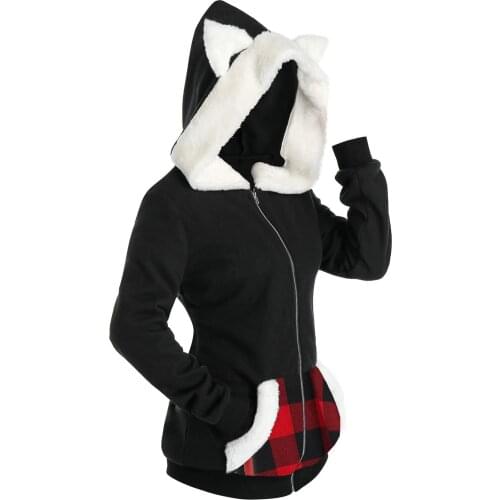 Chic Gothic Punk Hooded Jackets Women Faux Fur Insert Dog Ear Zip Up Jackets Autumn Winter Casual Black Loose Zipper Coat S-3XL