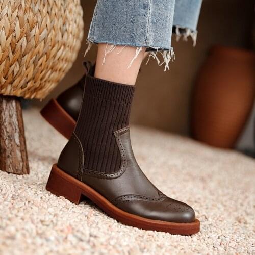 2021 Winter Genuine Leather Women Boots Retro Grown Stretch Boots Ankle Boots Zapatos De Mujer Women Shoes Sock boots Round Toe