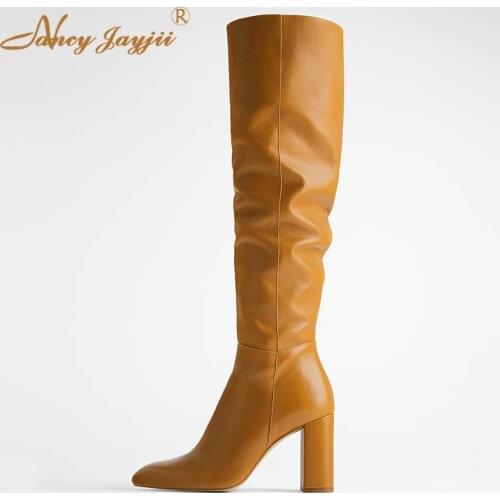 Yellow winter ladies solid color zipper knee square with round short plush shoes fashion sweet banquet 2019 large size 4-16