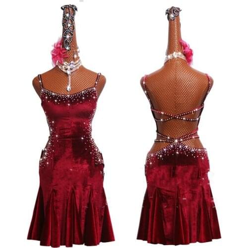 New Latin Dance Dress Women Competition Performing Clothing Latin Dance Skirt Vertical Wine Red Sexy Pleated Dance Dress