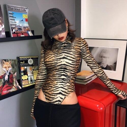 2019 Winter Women Sexy Bodysuit Autumn Fashion Casual Long Sleeve Tiger Leopard Printed Turtleneck Bodycon Bodysuit For Women