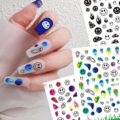 1pc Yellow Smiley Face 3D Nail Stickers For Halloween Flame Slider Decals Nail Art Decorations Design Cloud Moon Decals