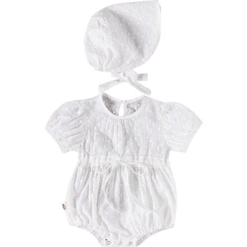 2021 New Summer 0-24M Baby Girl 2Pcs Set Hollow Out Waist Bow Puff Short Sleeve White Bodysuit+Hat Infant Toddler Clothes