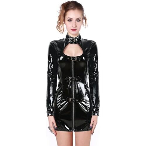 2021 Sexy Women Latex Rubber Buckle Dress Keyhole Bust Zipper Black PVC Sexy Faux Leather Cupless Vinyl Club Mini Dress