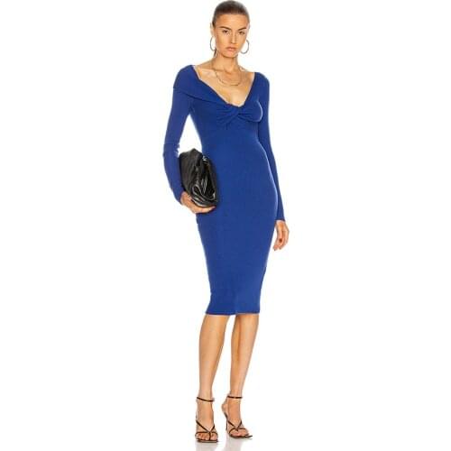 2021 Sexy V Neck Casual Bodycon Women Autumn Long Sleeve Bandage Dress Office Lady Elegant Midi Robe Blue Fashion Vestidos 30273