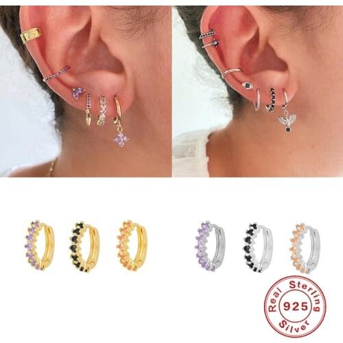 Aide 925 Sterling Silver 9mm Colorful Zircon Hoop Earrings For Women Round Ear Stud Helix Cartilage Tragus Party Jewelry Aros