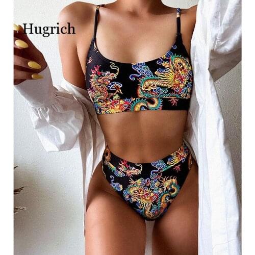 High Waist Bikini Push Up Swimwear Women 2021 Dragon Printed Sexy Bikini Set Retro Swimsuit Female Bathing Suit