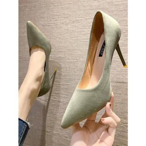 Black womens shoes 2021 new pointed shallow mouth suede stiletto single shoes fashionable sexy solid color high heels