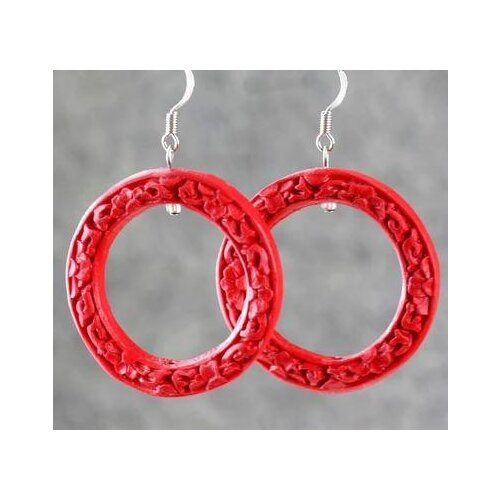 Perfect Huge Round Red Carved Cinnabar Earrings, Fashion Womens Carved Lacquerware Jewelry, S925 Silvers Dangle Earring . C-39