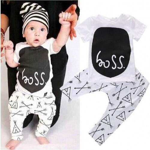 Hooyi Boss Baby Boy Clothes Suit Fashion White Arrow Newborn T-Shirt Pant Set Infant 2Pcs Clothing Set 100% Cotton Tee Shirt