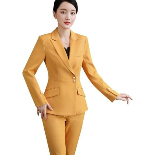 Autumn Winter Yellow White Black Pant Suit Women Female Business Formal 2 Piece Set Office Ladies Work Wear Blazer And Trouser