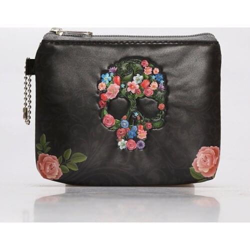 Creative Rose Skull Coin Purse Women Money Bag Small Wallet Pu Leather Coin Purse Mini Organizer Zipper 3D Embossed Card Holder