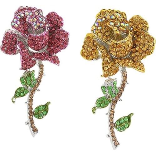 Crystal Rose Flower Brooch Pin Rhinestone Alloy Rose plant Brooches Birthday Gift Garment Accessories
