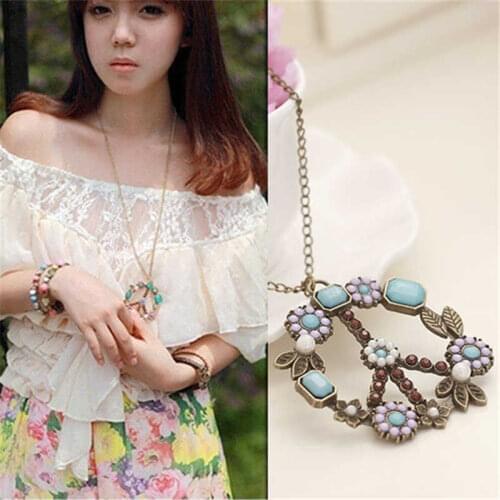 Pendant Peace Women Sign Flower Long Vintage Chain Jewelry Necklace Sweater