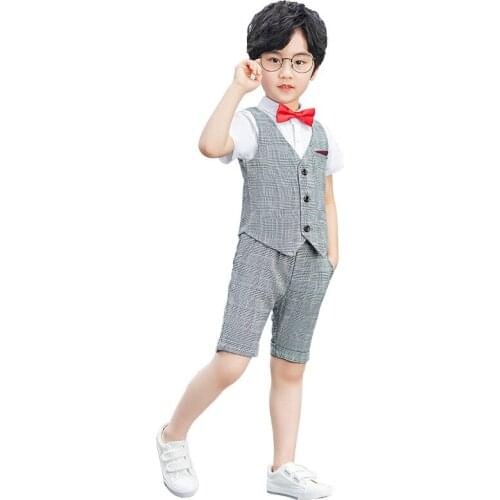 Boys Summer Vest Shorts 2PCS Clothing Set Children Birthday Ceremonial Formal Wedding Dress Skirt Suit Gentleman Kids Costumes