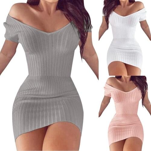 Hot Sales Women Sexy V Neck Off Shoulder Short Sleeve Ribbed Party Mini Bodycon Dress