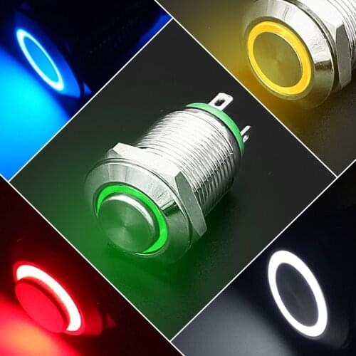 12mm Waterproof Metal Push Button Switch LED Light Momentary Locking Car Engine PC Power Switch 3V 5V 12V 24V 220V Ring Symbol