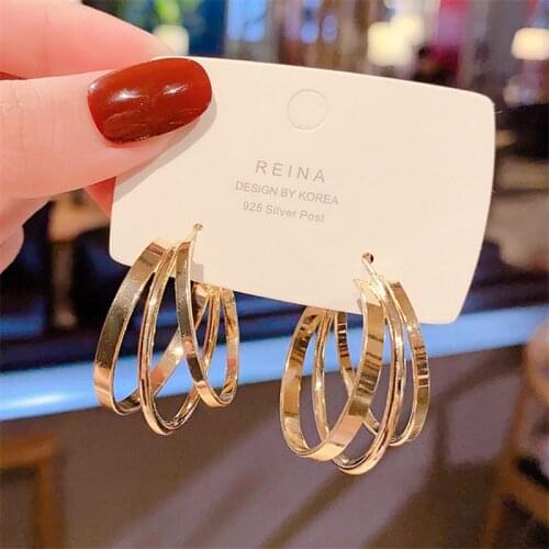 Minimalist Metal 3 layers Round Hoop Earring Korean Style Hollow Out Statement Earrings for Women Fashion Party Jewelry 2021 New